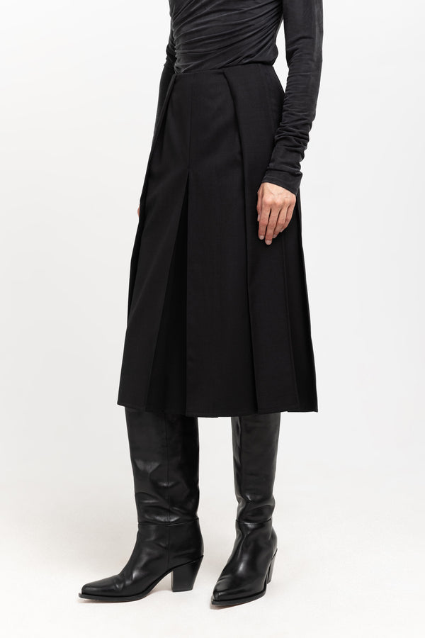 Nehera Deep Black Wool Twill Pleated Skirt
