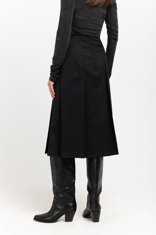 Nehera Deep Black Wool Twill Pleated Skirt