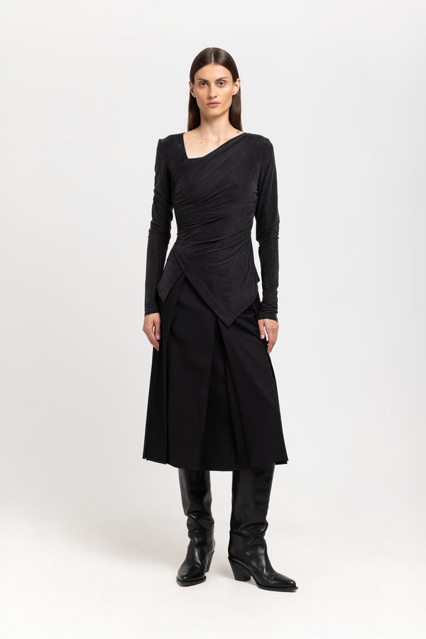 nehera Deep black wool twill pleated skirt