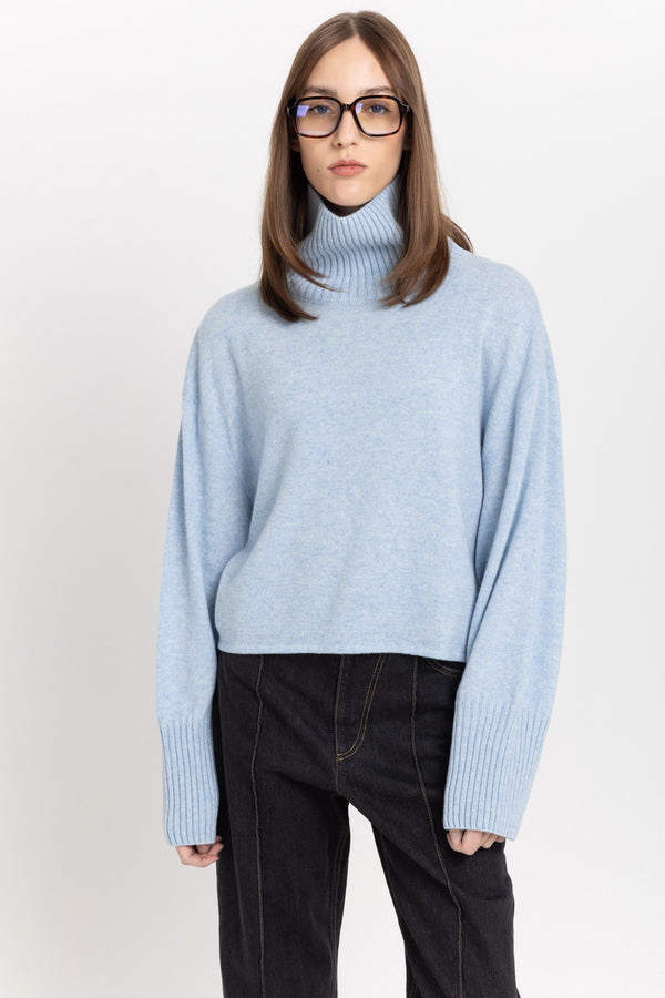 Nehera Denim Blue Cashmere Boxy Cropped Turtleneck