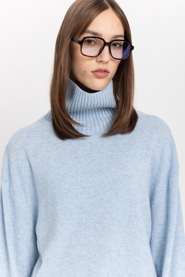 Nehera Denim Blue Cashmere Boxy Cropped Turtleneck