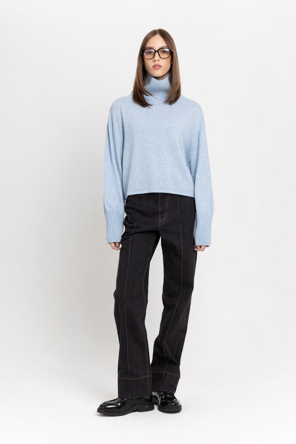 nehera Denim blue cashmere boxy cropped turtleneck