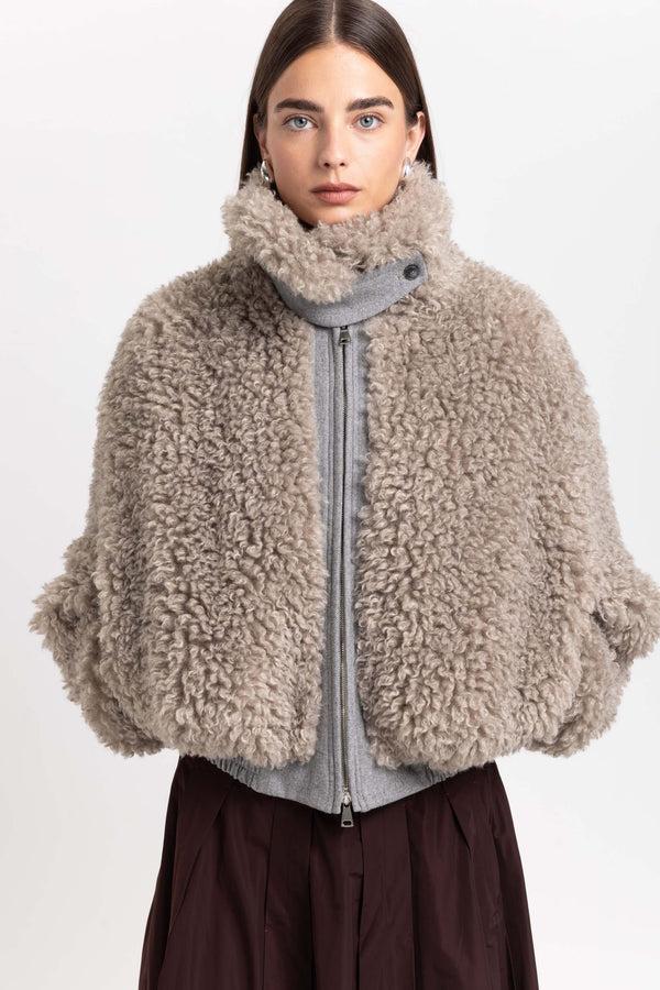 Nehera Light Taupe Faux Alpaca Fur Bomber Jacket