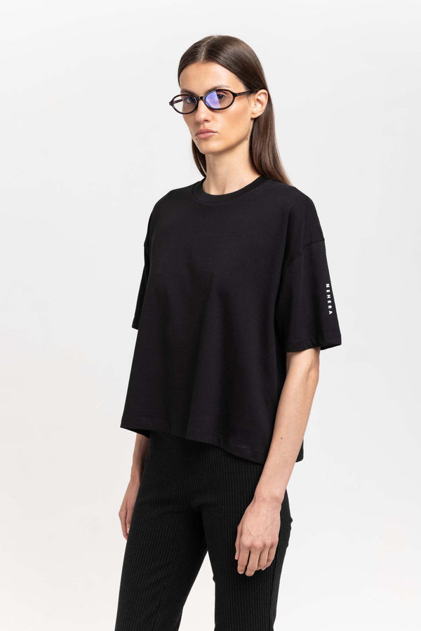 Nehera 'LOGO SLEEVE' Black Cotton Boxy Fit T-shirt
