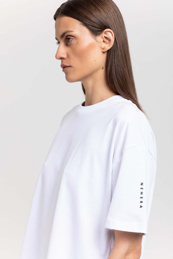 Nehera 'LOGO SLEEVE' White Cotton Boxy Fit T-shirt