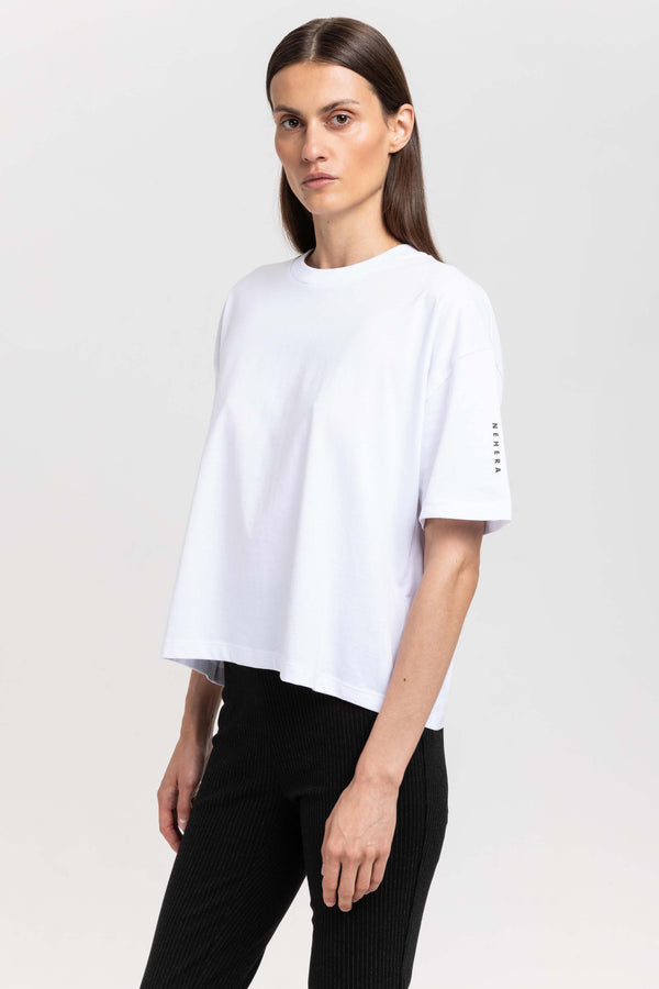 Nehera 'LOGO SLEEVE' White Cotton Boxy Fit T-shirt