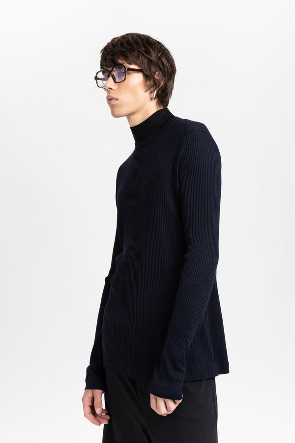 Nehera Navy & Black Thin Wool Jersey Rollneck