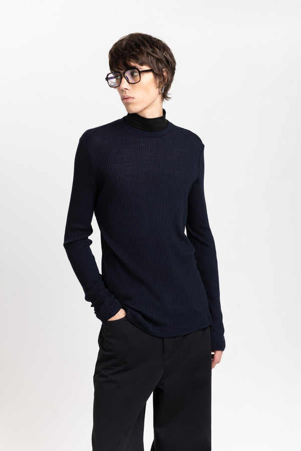 nehera Navy & Black thin wool jersey rollneck