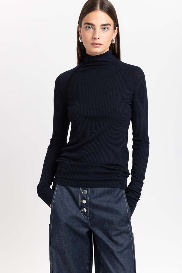 Nehera Navy Thin Wool Jersey Rollneck