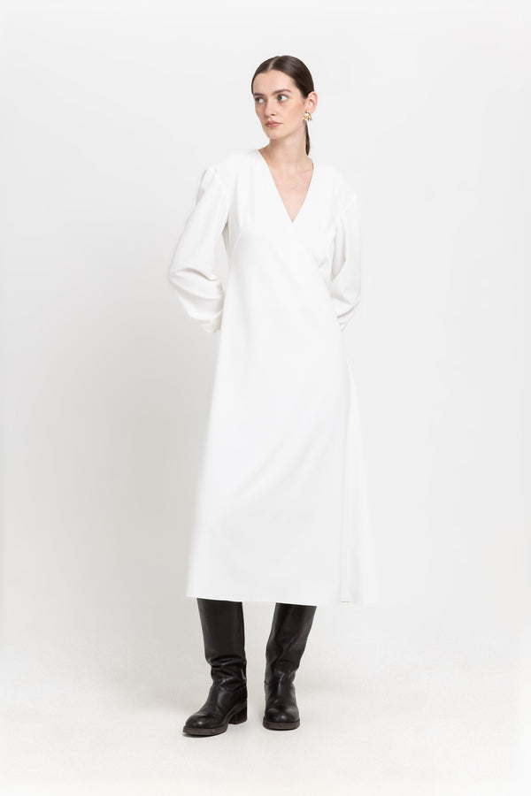 Nehera Off White Elastic Crepe Wrap Dress