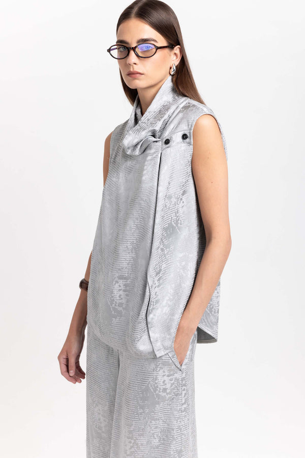 Nehera Silver Textured Draped-front Blouse