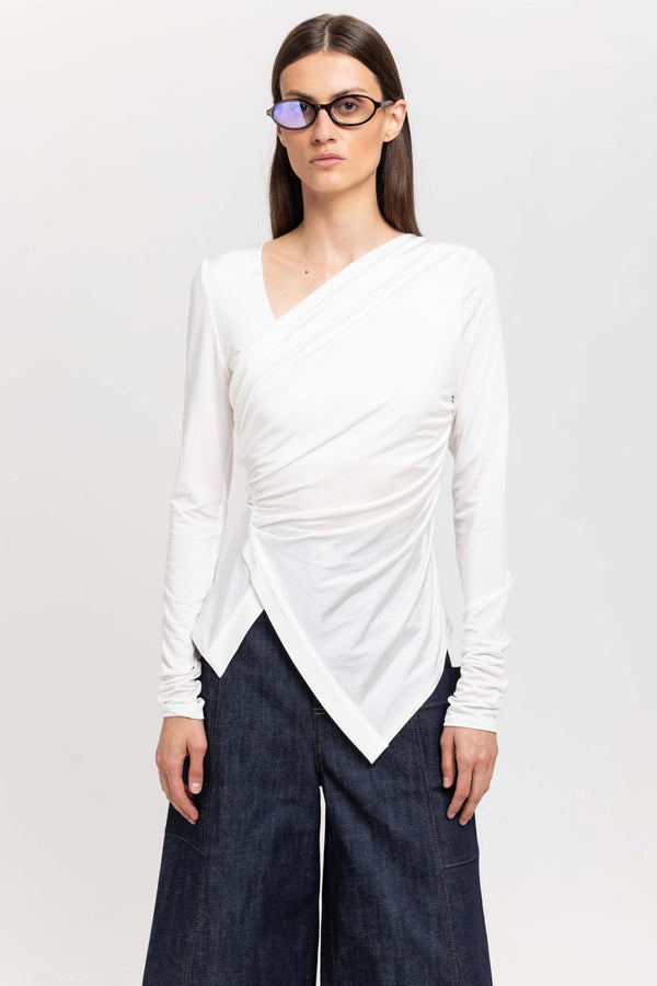 Nehera Off White Acetate Jersey Asymmetric Ruched Top