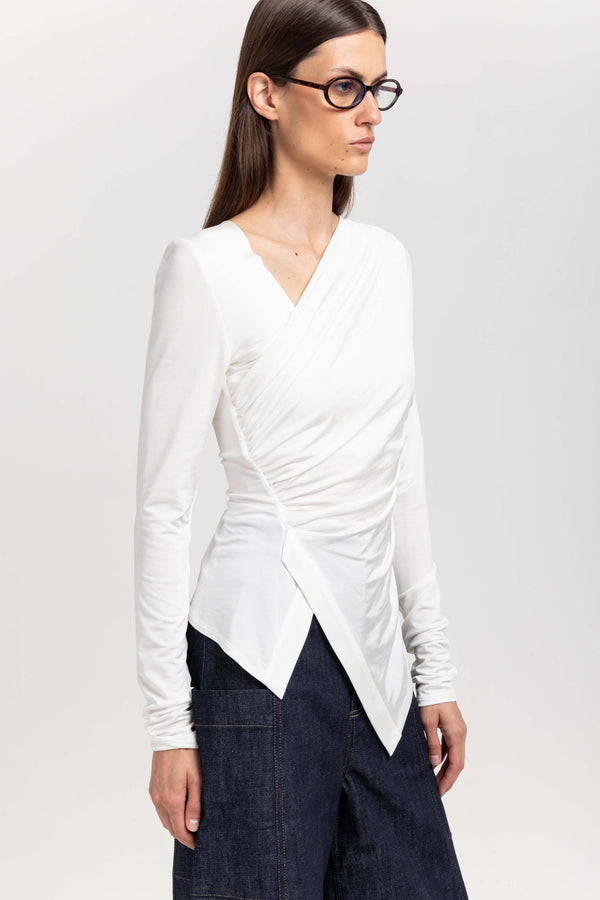 Nehera Off White Acetate Jersey Asymmetric Ruched Top
