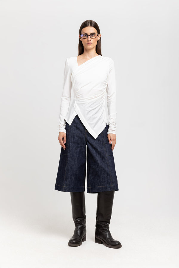 nehera Off white acetate jersey asymmetric ruched top