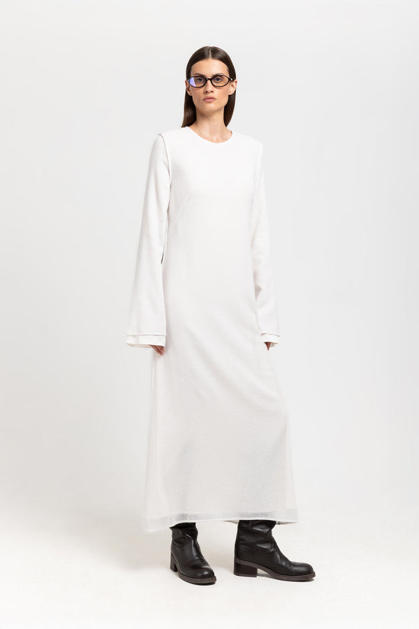 nehera Off white cashmere mousseline bell sleeve midi dress
