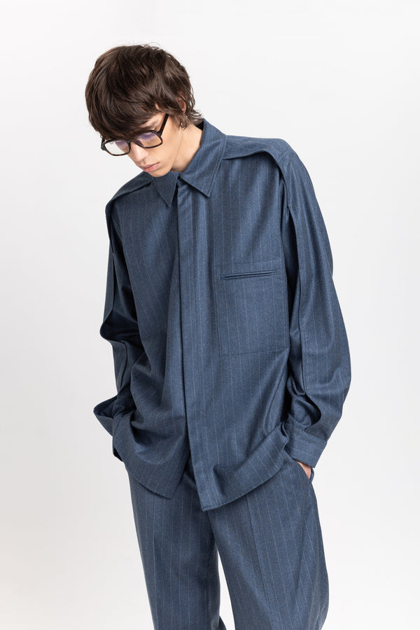 Nehera Spruce Blue Pinstripe Soft Wool Relaxed Shirt