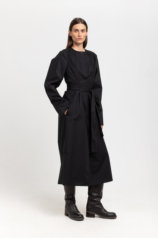 Nehera True Black Cotton Poplin Dress With Tie Detail