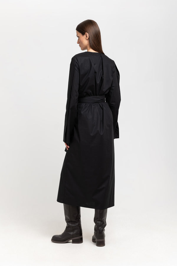 Nehera True Black Cotton Poplin Dress With Tie Detail