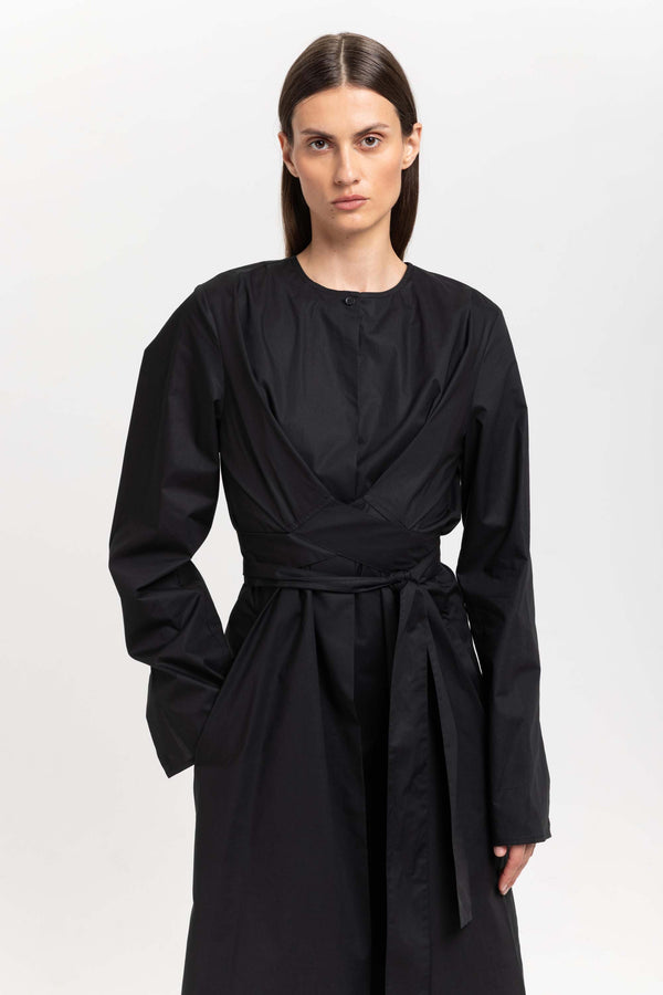 Nehera True Black Cotton Poplin Dress With Tie Detail