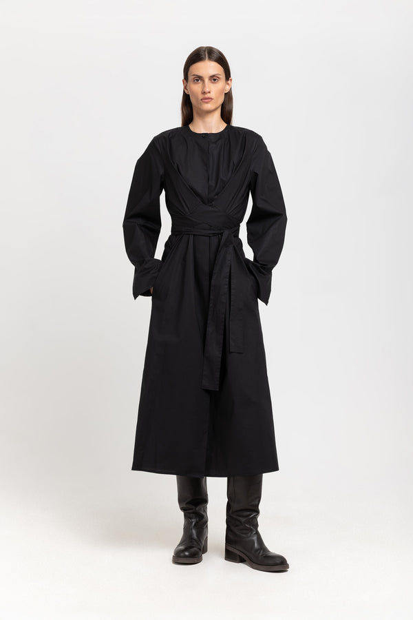 nehera True black cotton poplin dress with tie detail