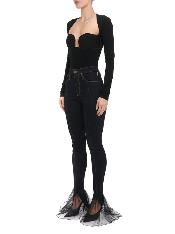 Nensi Dojaka INDIGO DENIM SKINNY JEANS WITH TULLE GODETS