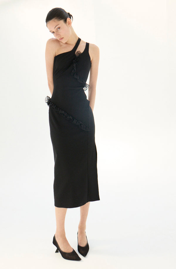 Nensi Dojaka NADIA ASYMMETRIC MIDI DRESS WITH FRILLED TRIM