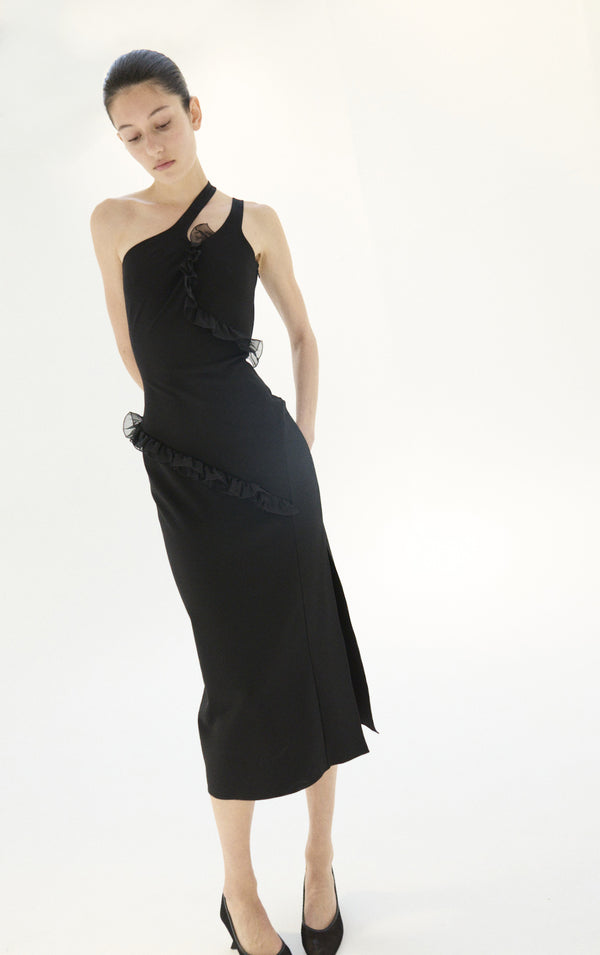 Nensi Dojaka NADIA ASYMMETRIC MIDI DRESS WITH FRILLED TRIM