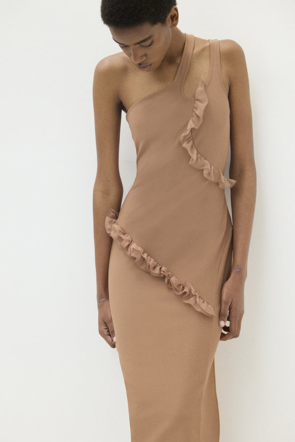 Nensi Dojaka NADIA ASYMMETRIC MIDI DRESS WITH FRILLED TRIM