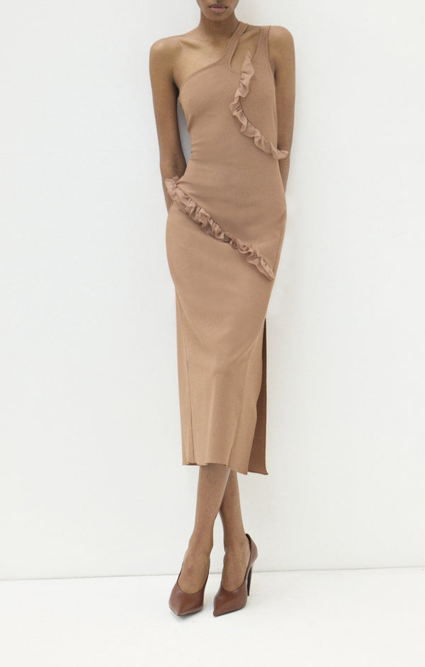 nensi dojaka NADIA ASYMMETRIC MIDI DRESS WITH FRILLED TRIM