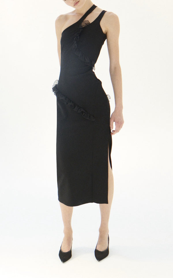 nensi dojaka NADIA ASYMMETRIC MIDI DRESS WITH FRILLED TRIM