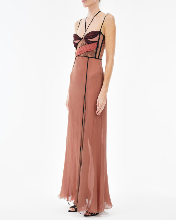 Nensi Dojaka MAE CORSET DRAPED GOWN In COGNAC