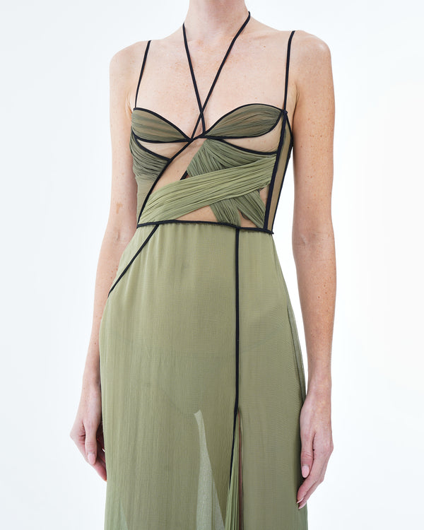 Nensi Dojaka MAE CORSET DRAPED GOWN In OLIVE