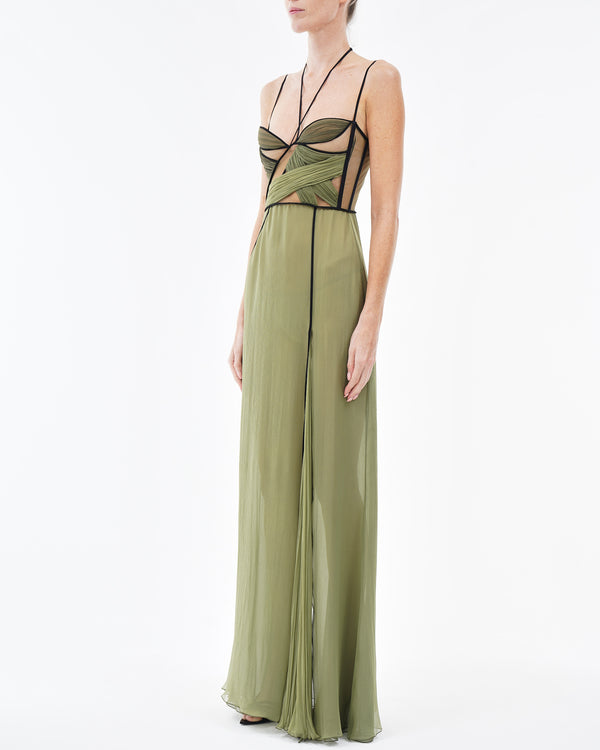 Nensi Dojaka MAE CORSET DRAPED GOWN In OLIVE
