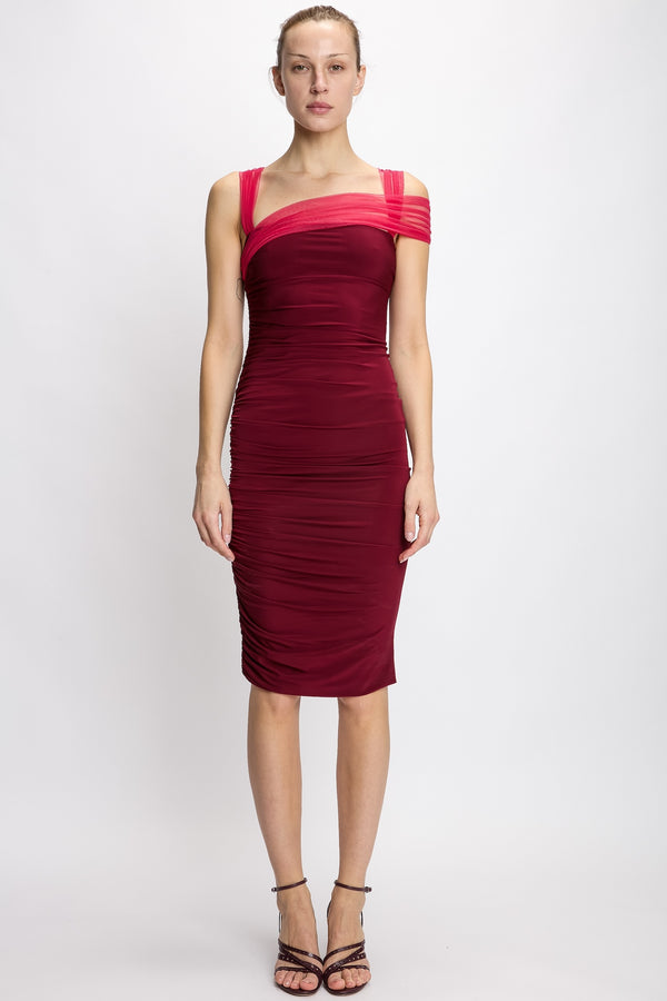 nensi dojaka RUCHED MIDI DRESS WITH DRAPED SHOULDERS