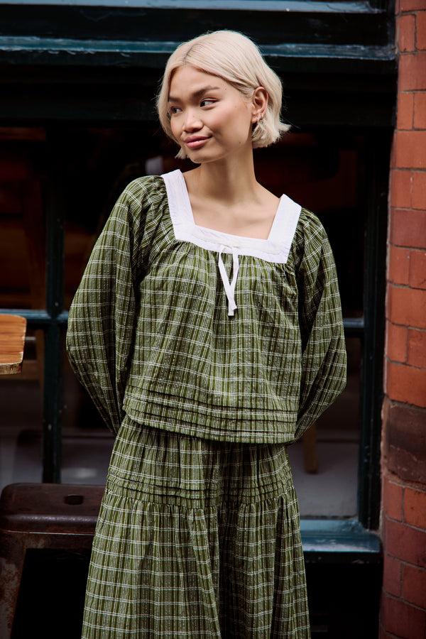 Neon Rose Flora Check Square Collar Balloon Sleeve Blouse