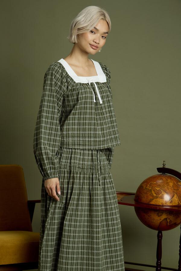 Neon Rose Flora Check Square Collar Balloon Sleeve Blouse