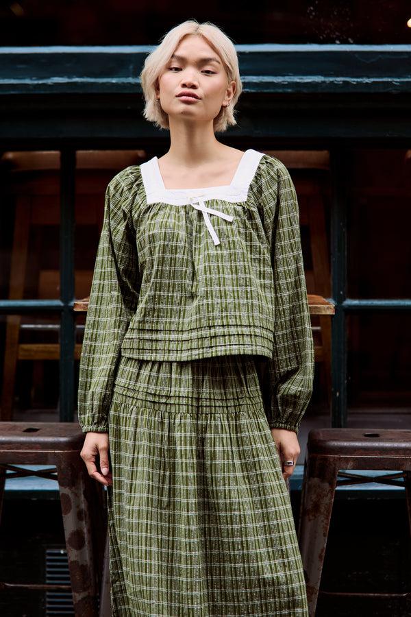 neon rose Flora Check Square Collar Balloon Sleeve Blouse