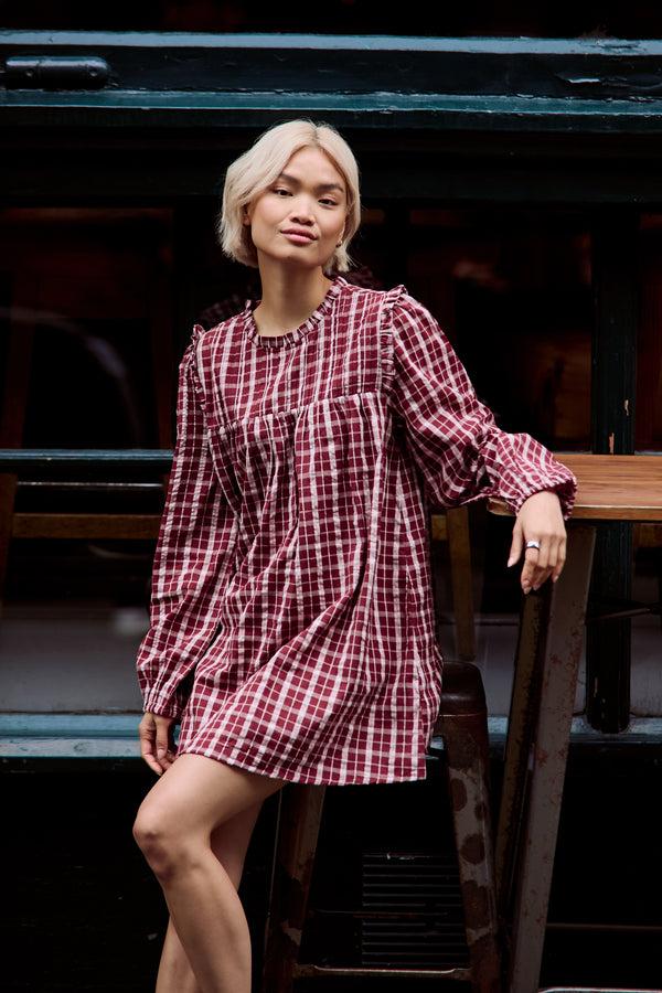 Neon Rose Mia High Neck Textured Check Mini Smock Dress