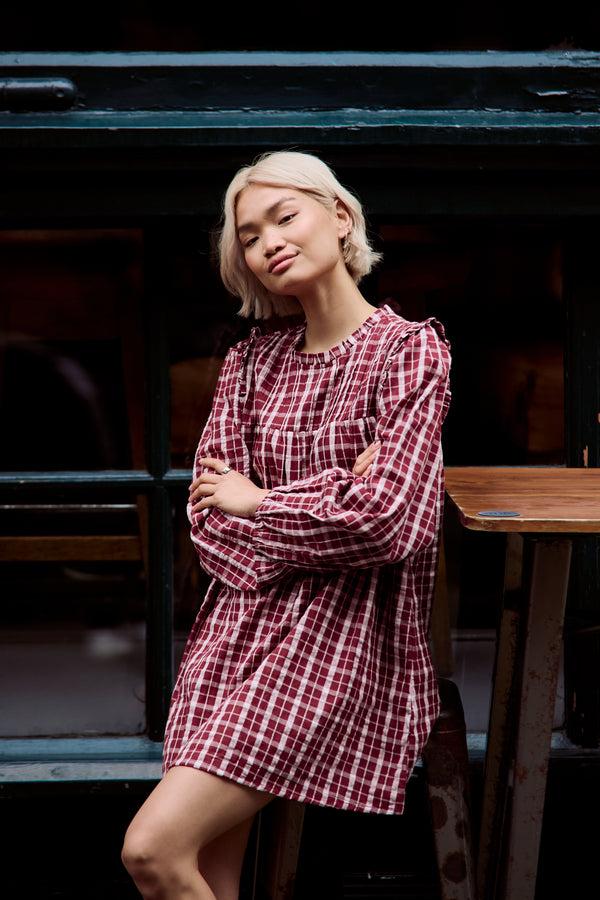 Neon Rose Mia High Neck Textured Check Mini Smock Dress