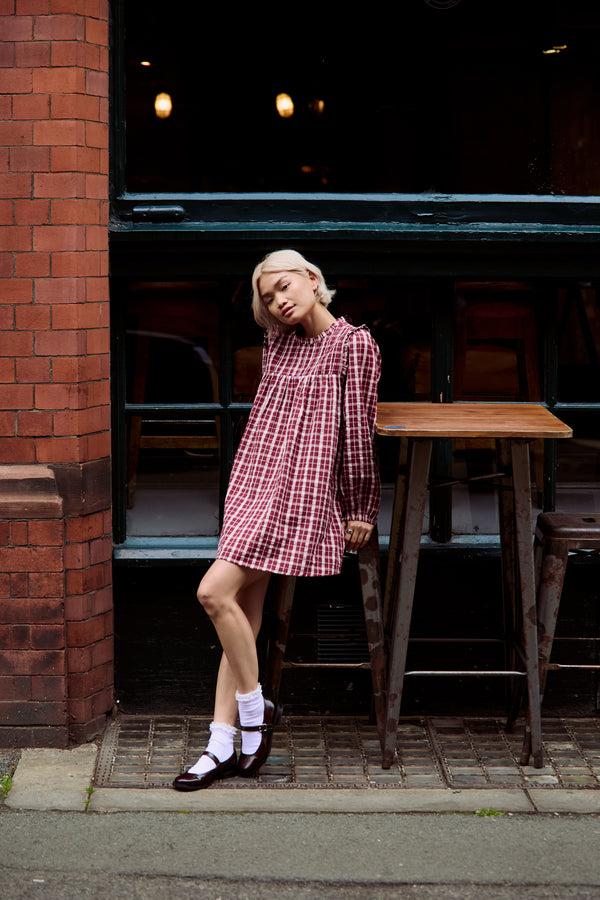 Neon Rose Mia High Neck Textured Check Mini Smock Dress