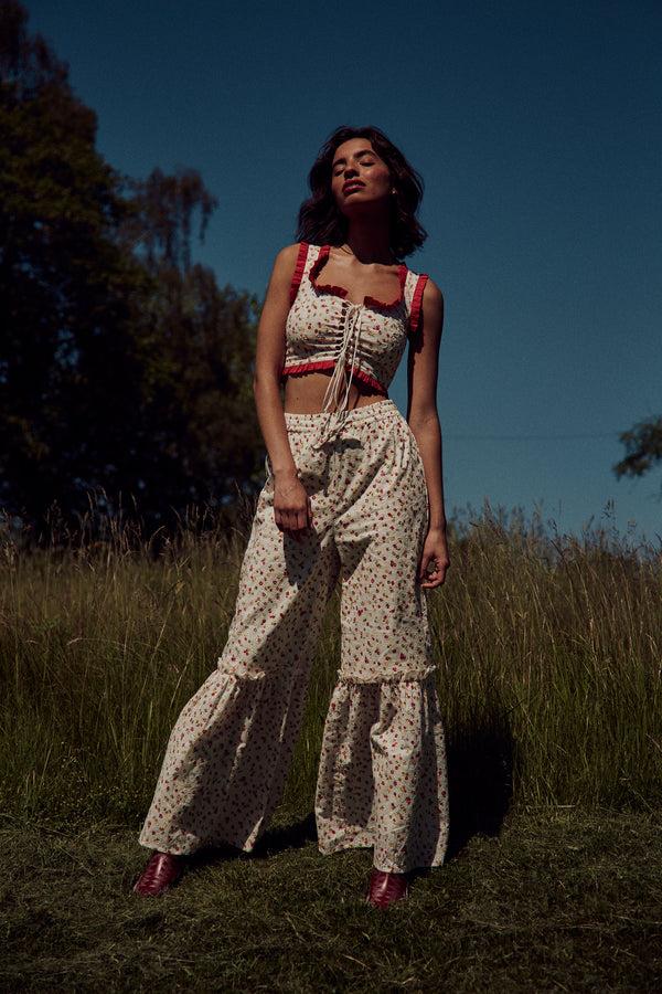 Neon Rose Blossom Broderie Trousers - White