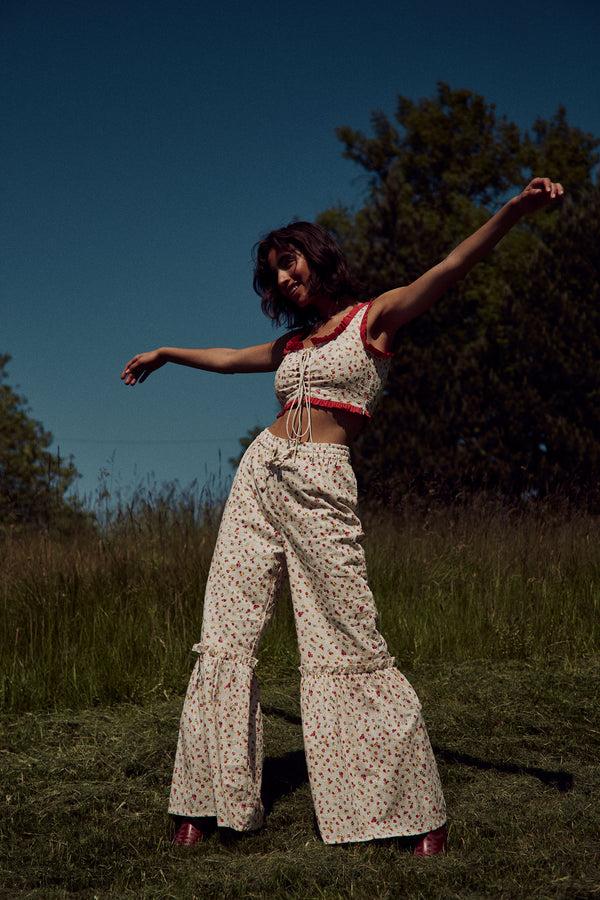 Neon Rose Blossom Broderie Trousers - White