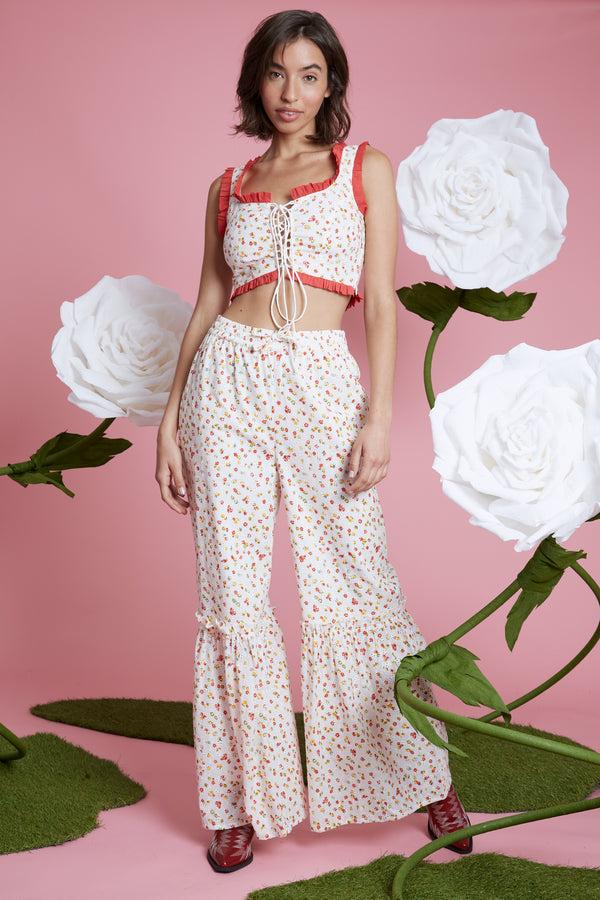 Neon Rose Blossom Broderie Trousers - White