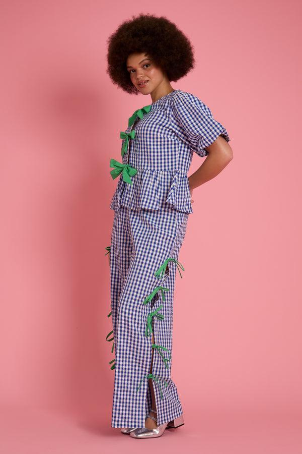 Neon Rose Lola Gingham Bow Wide Leg Trousers - Curve