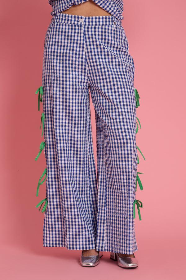 Neon Rose Lola Gingham Bow Wide Leg Trousers - Curve