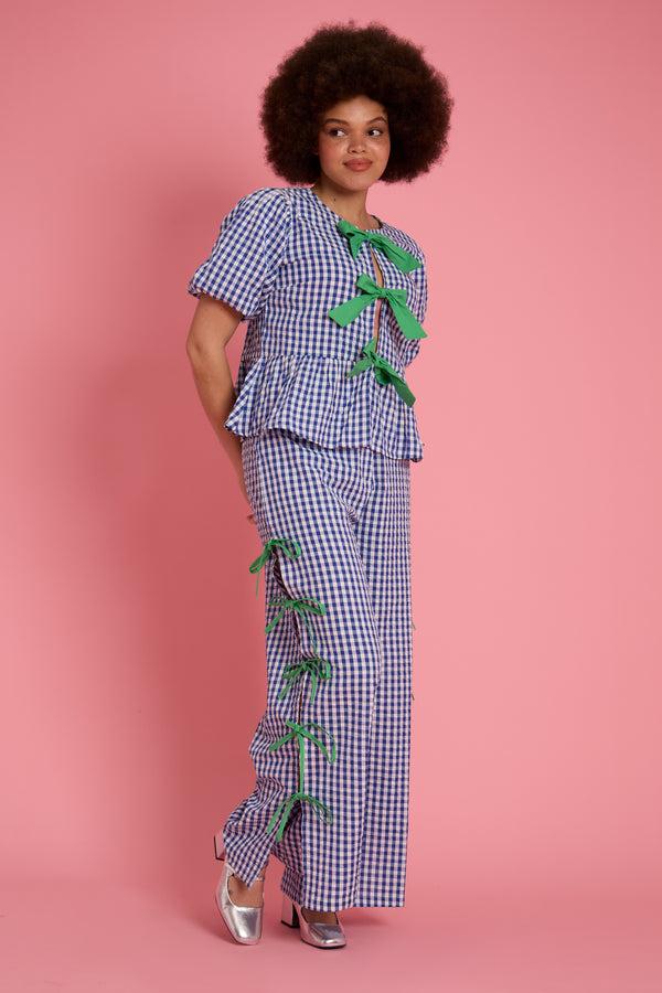 neon rose Lola Gingham Bow Wide Leg Trousers - Curve