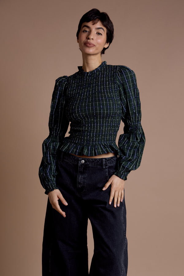 Neon Rose Mae Shirred Check Blouse