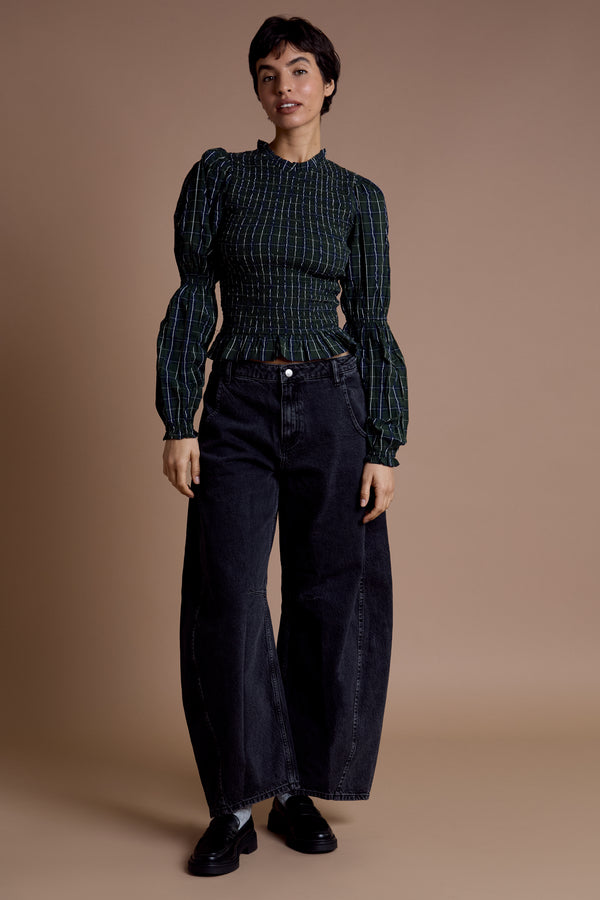 Neon Rose Mae Shirred Check Blouse