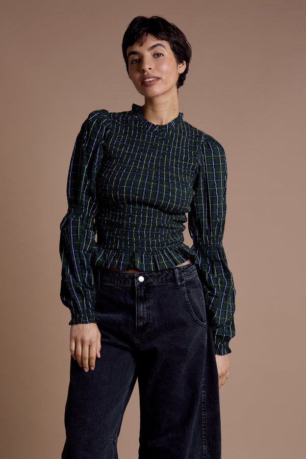 neon rose Mae Shirred Check Blouse