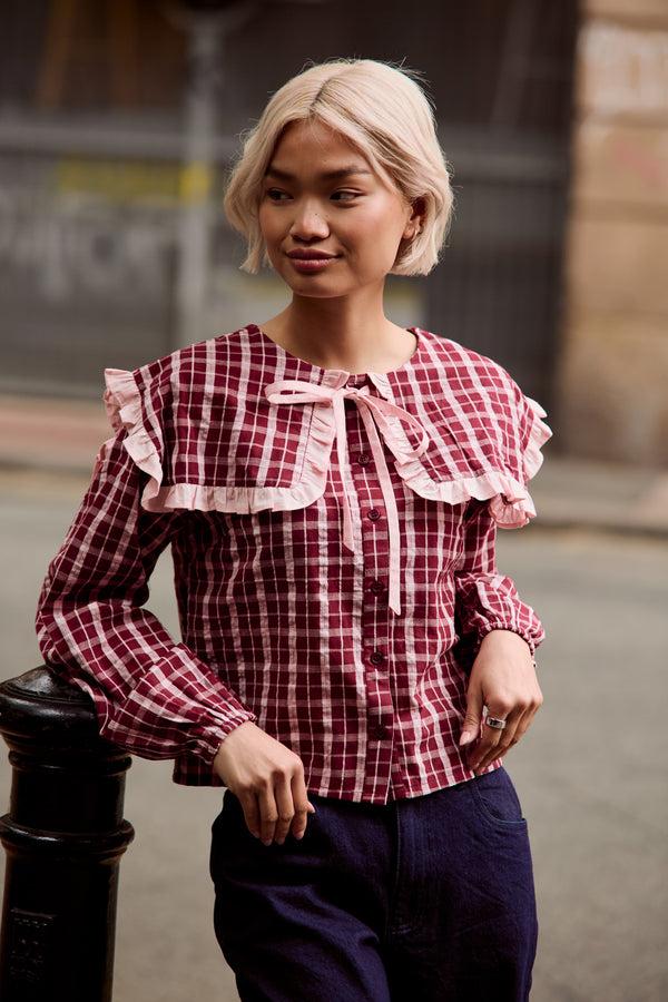neon rose Mia Textured Check Print Blouse
